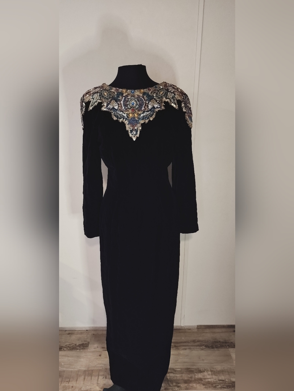 Vintage Black Velvet Long Sleeve Dress with Beaded Ornate Yoke